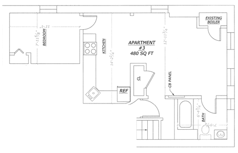 Floor plan for 1 bed, 1 bath, 480 sqft